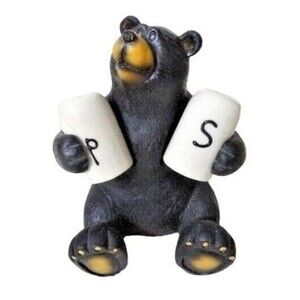 Black Bear Salt Pepper Shakers White Stoneware Kitchen Lodge Cabin Gift NEW